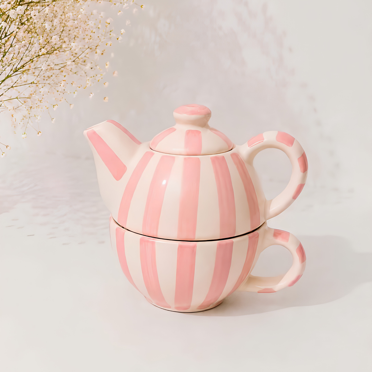 Pink Striped Tea Pot & Cup