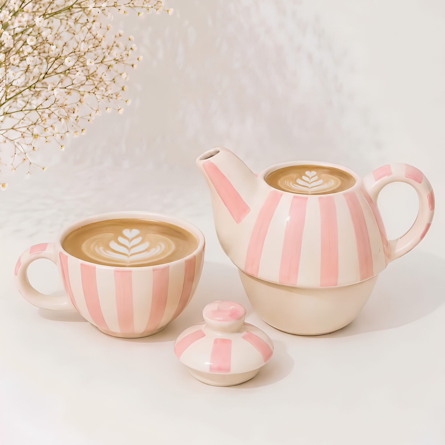 Pink Striped Tea Pot & Cup